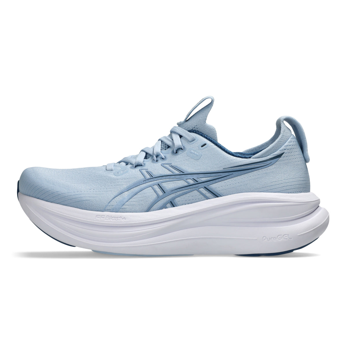A light blue and white ASICS running shoe shown from the side against a plain white background.