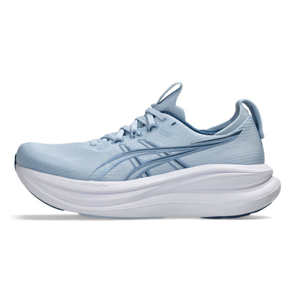 A light blue and white ASICS running shoe shown from the side against a plain white background.