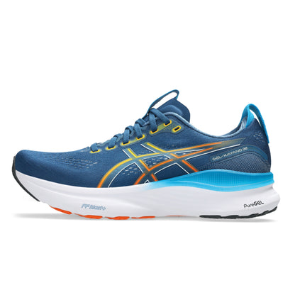 Blue running shoe with orange and yellow accents on a white background