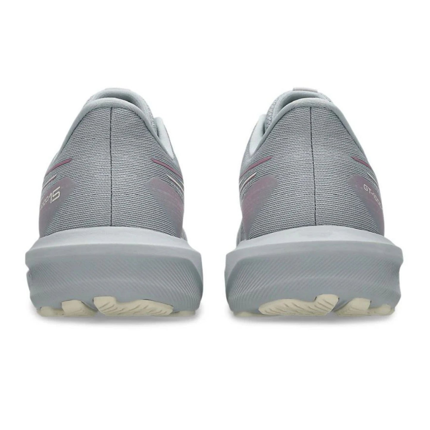 Gray Asics running shoes with a slight pinkish tint on a white background