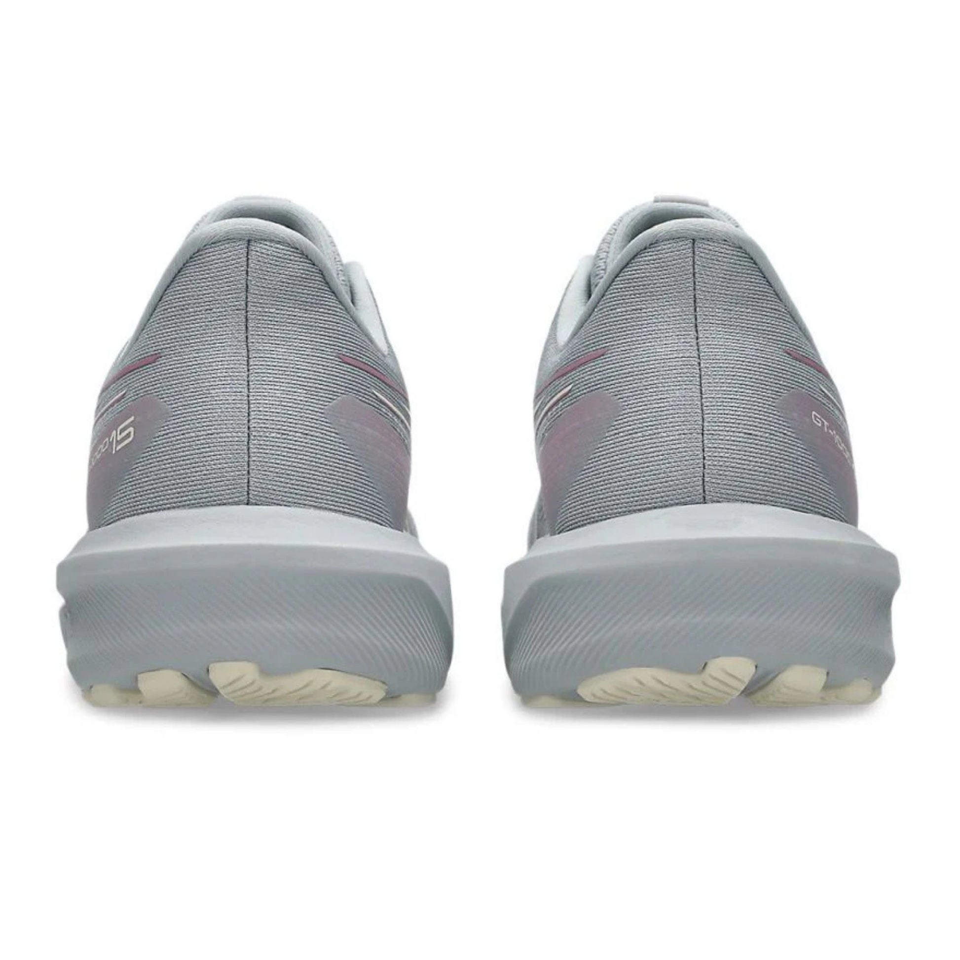 Gray Asics running shoes with a slight pinkish tint on a white background