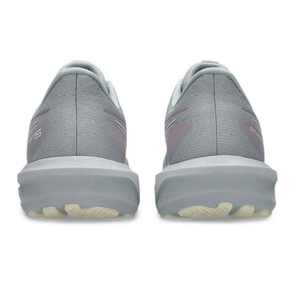 Gray Asics running shoes with a slight pinkish tint on a white background