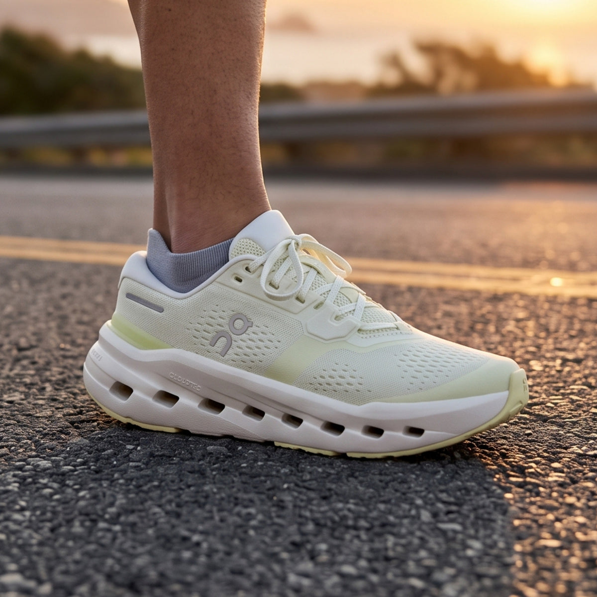 A close-up of a person's lower leg and foot wearing a light off-white running shoe with a thick cushioned sole, standing on asphalt during golden hour with a blurred road and trees in the background.