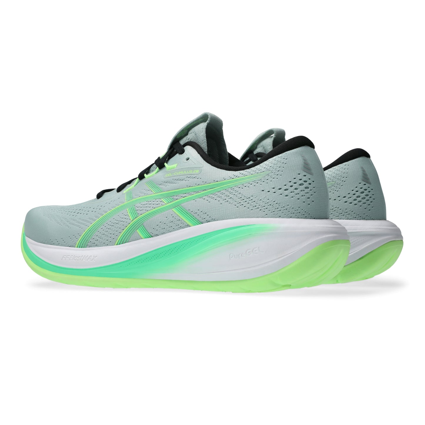 Light blue Asics running shoe with green accents and green sole on a white background
