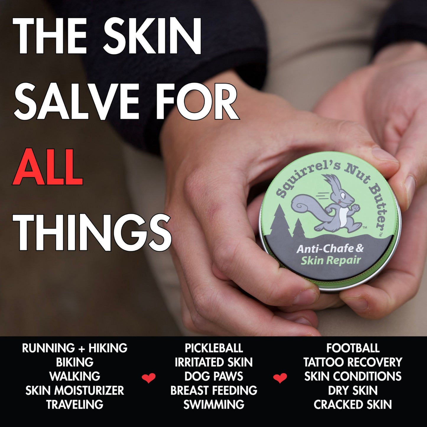 Person holding a container of Squirrel's Nut Butter with text about its uses.