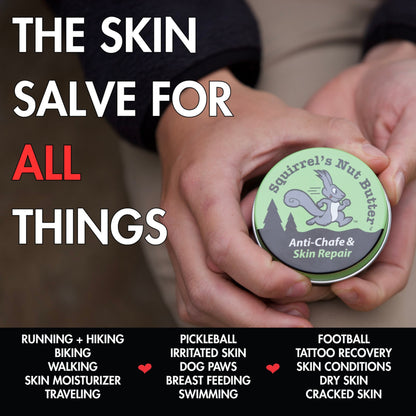 Person holding a container of Squirrel's Nut Butter with text about its uses.