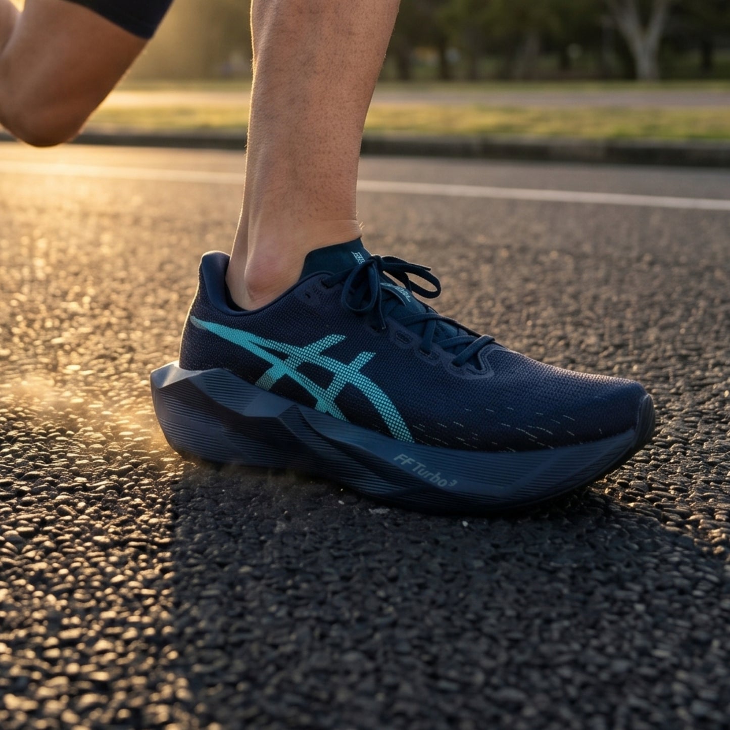 A person wearing a ASICS running shoe in dark navy blue with a bright turquoise logo and accents, shown from the side on a road 