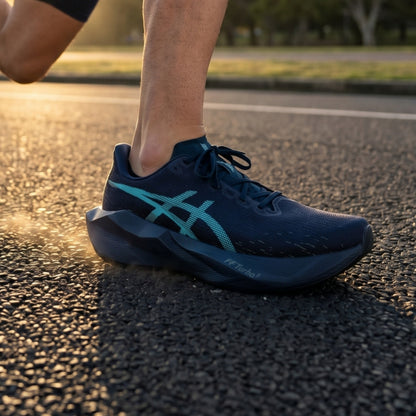 A person wearing a ASICS running shoe in dark navy blue with a bright turquoise logo and accents, shown from the side on a road 