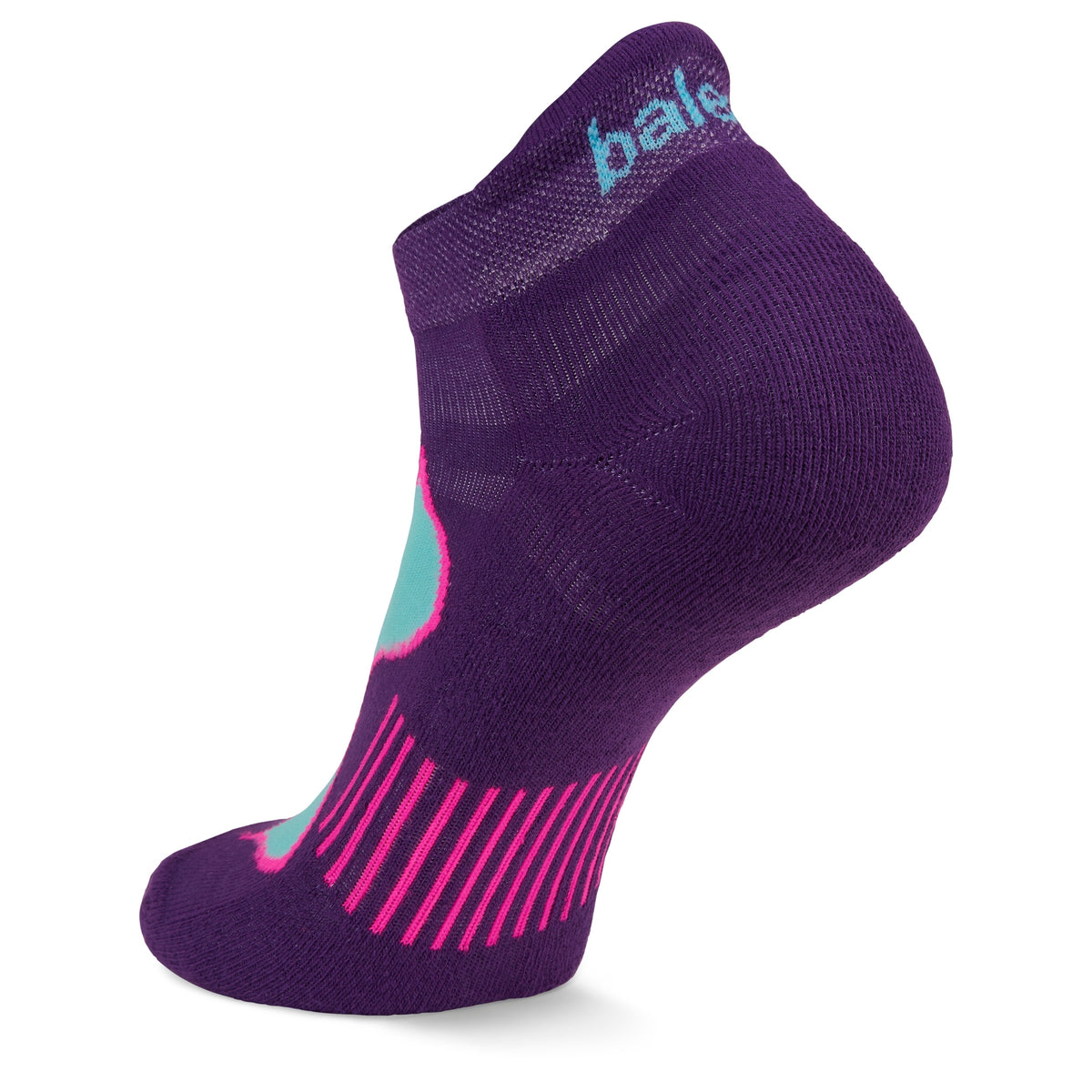 Purple Balega athletic sock with geometric pattern on a white background