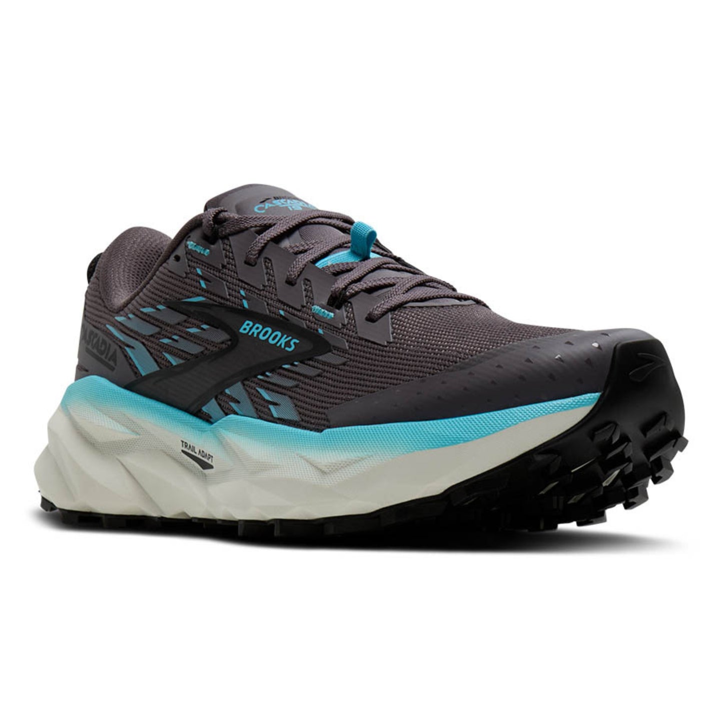 Gray and blue running shoe with 'Brooks' branding on a white background