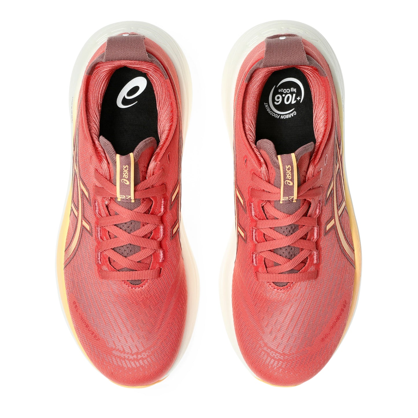 Orange running shoes with gold accents on a white background