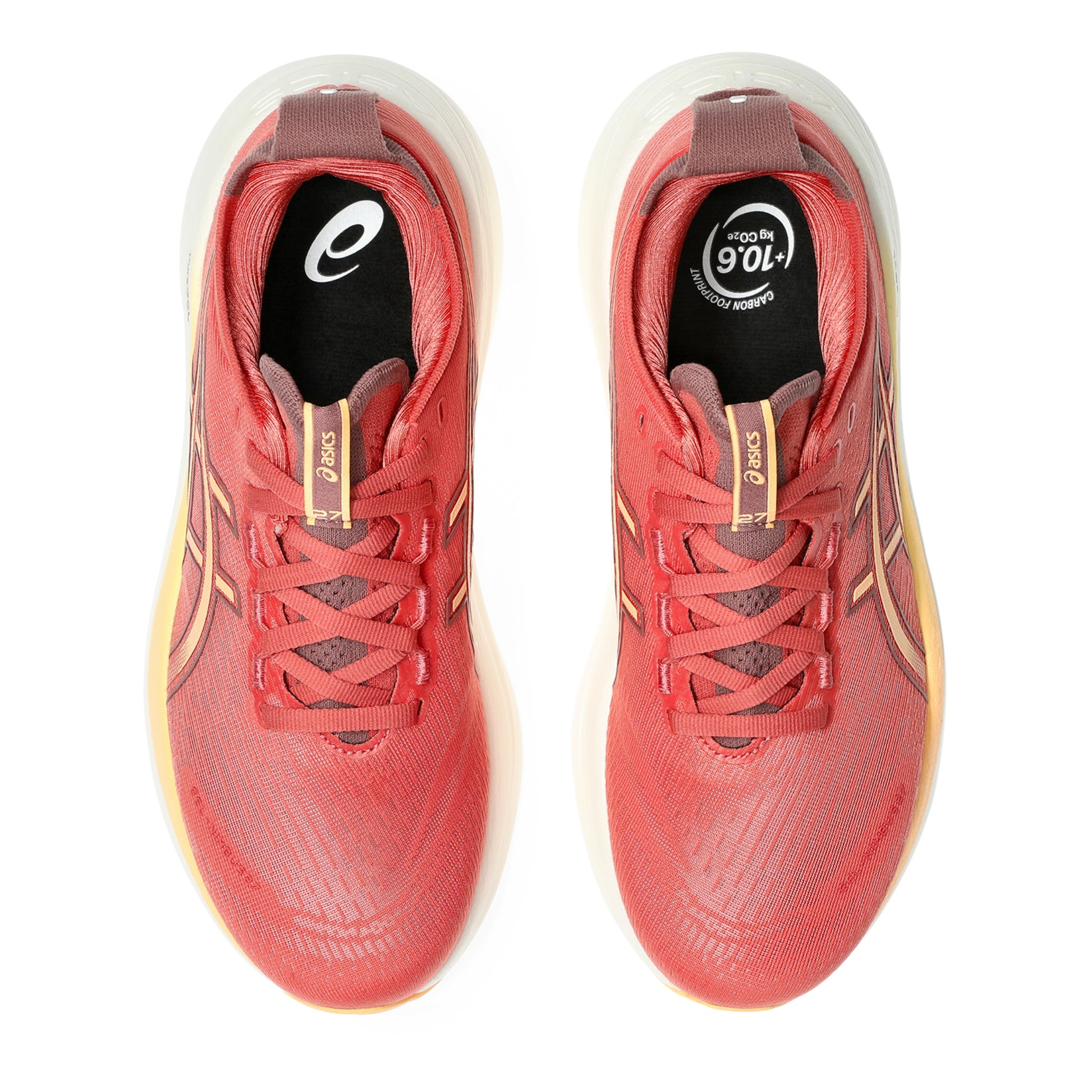 Orange running shoes with gold accents on a white background