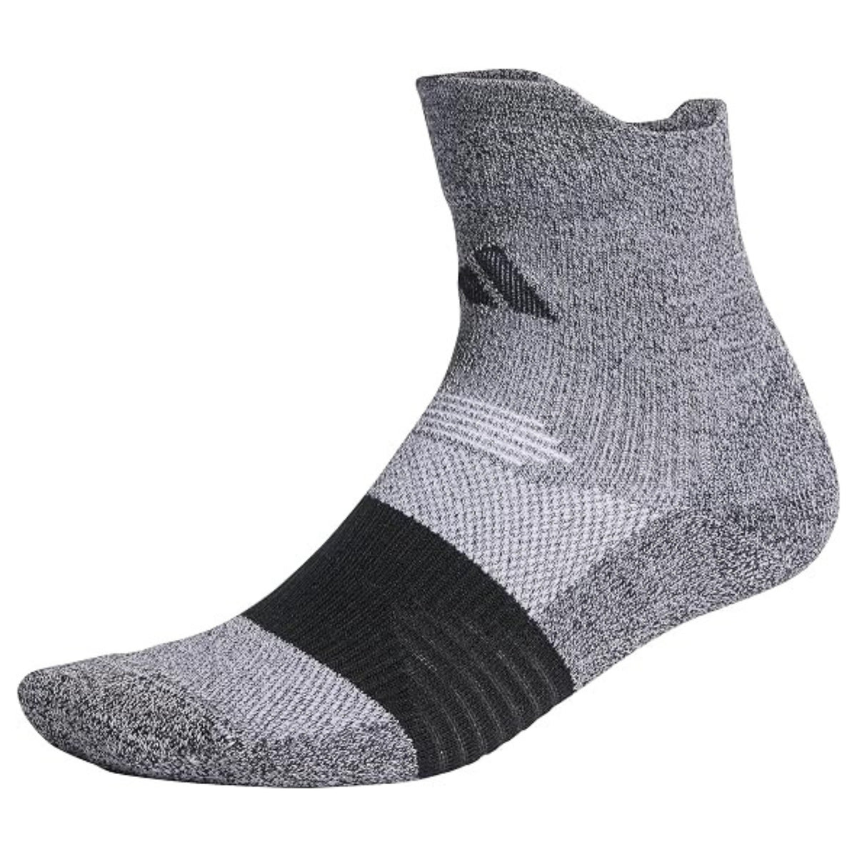 Gray and black sock with a Adidas logo on a white background