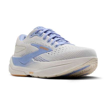 White and blue running shoe on a white background