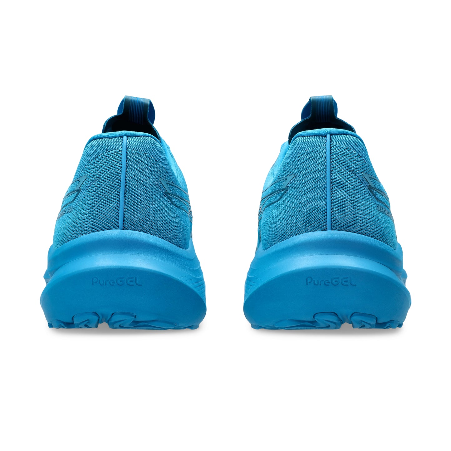 Blue running shoes with a white background