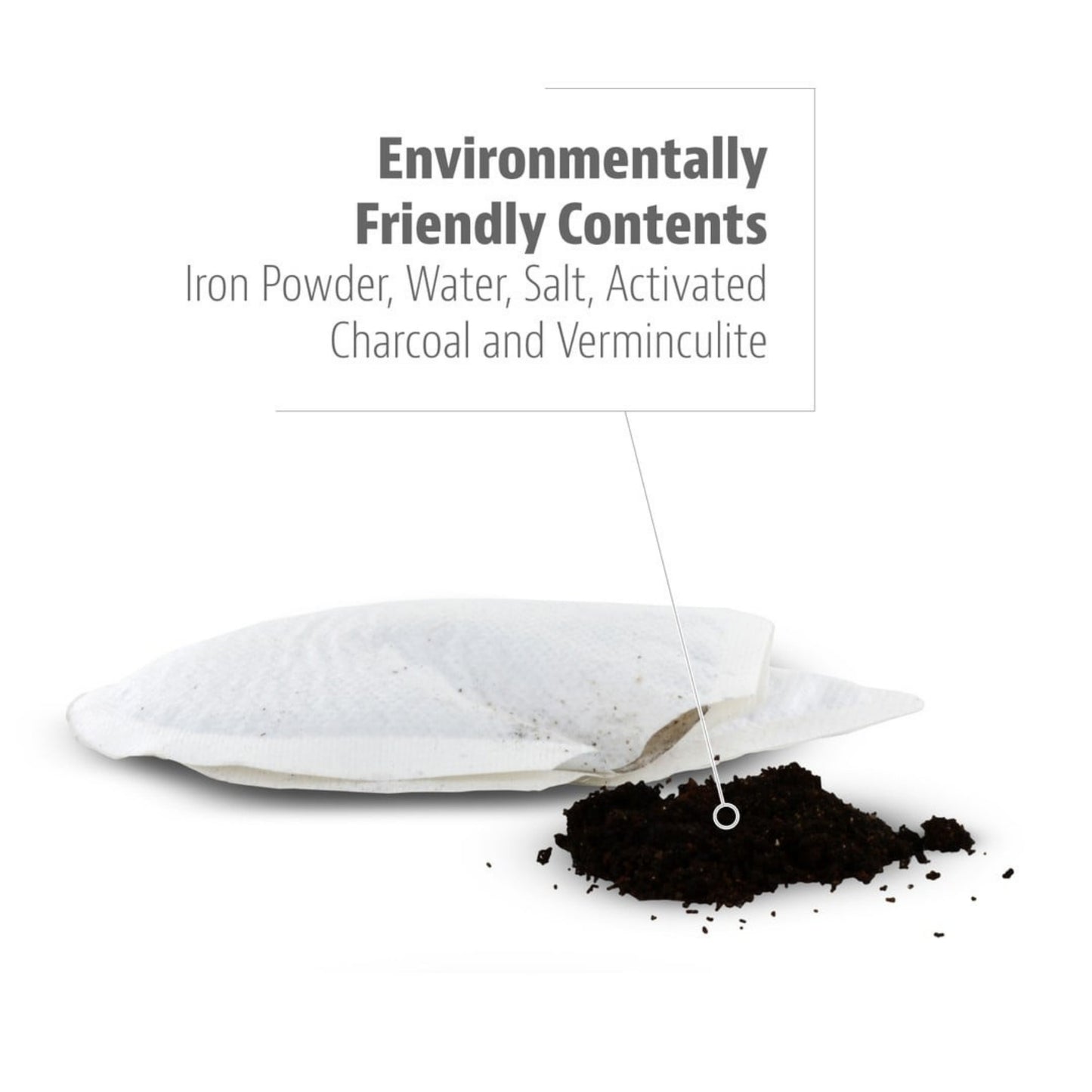 Tea bag with black powder on a white background, featuring text about environmentally friendly contents.