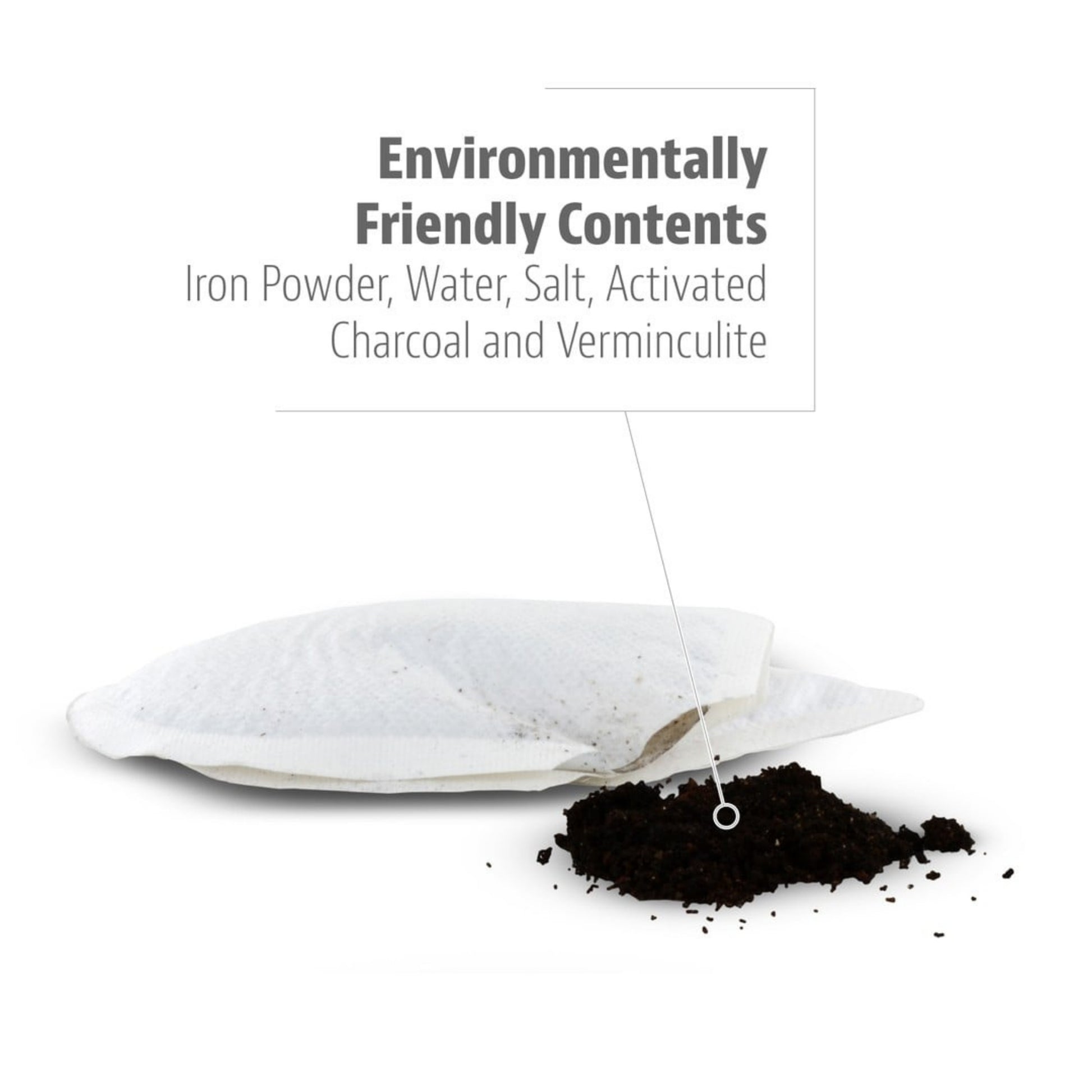 Tea bag with black powder on a white background, featuring text about environmentally friendly contents.