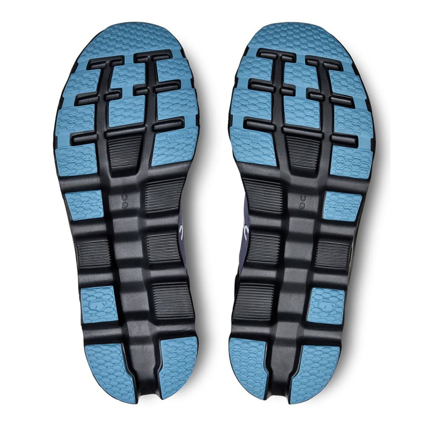 Close-up of blue and black shoe soles on a white background