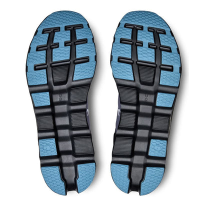 Close-up of blue and black shoe soles on a white background