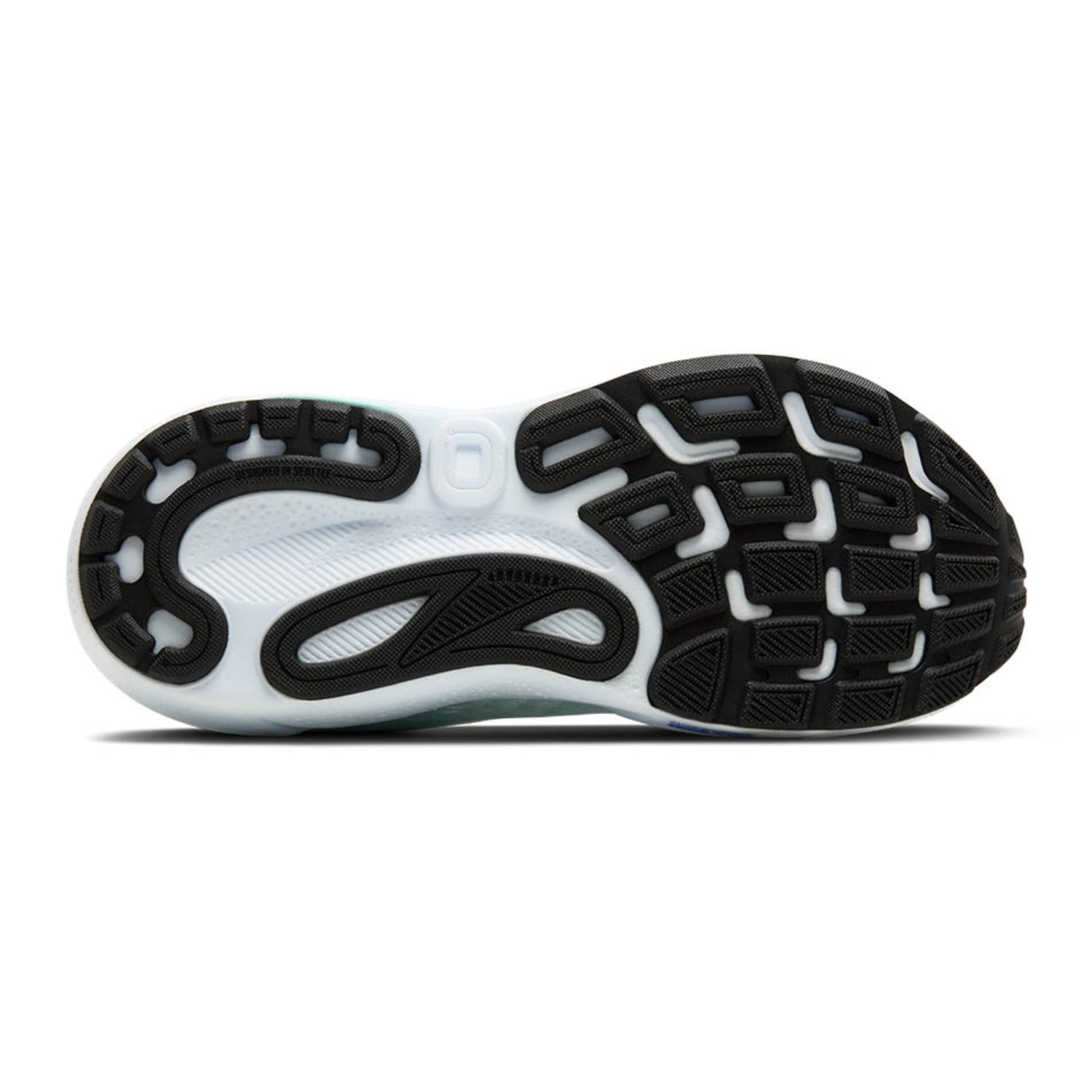 Close-up of a shoe sole with black and white pattern on a white background