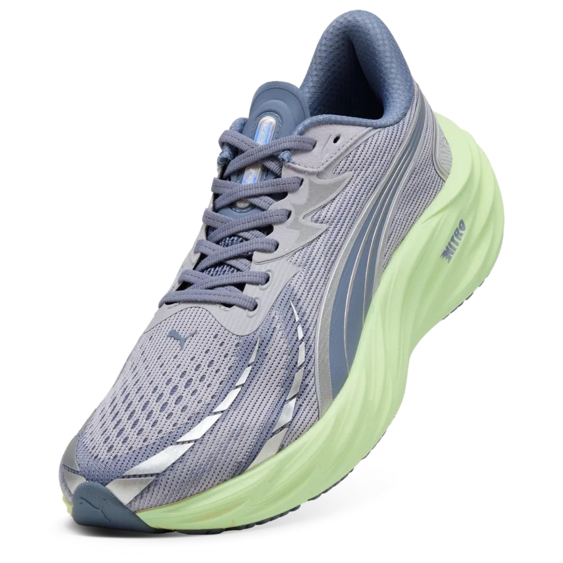 Gray running shoe with green sole on a white background