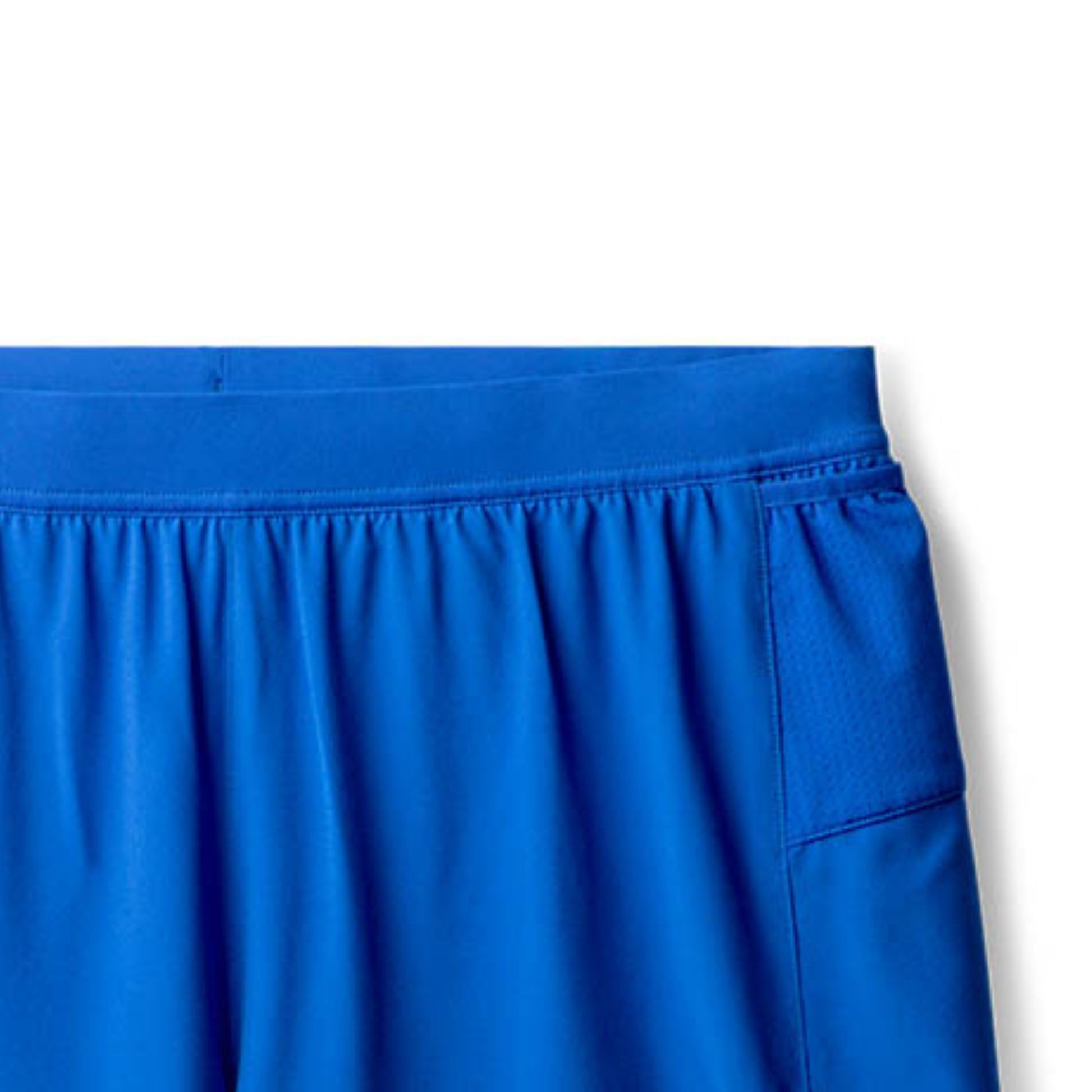 Blue running shorts with a pocket on a white background