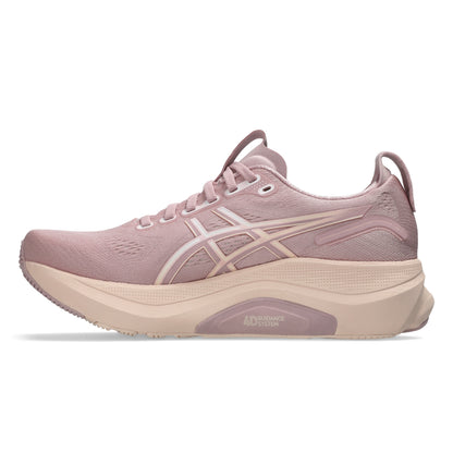 Pink running shoe with a white logo on a light gray background