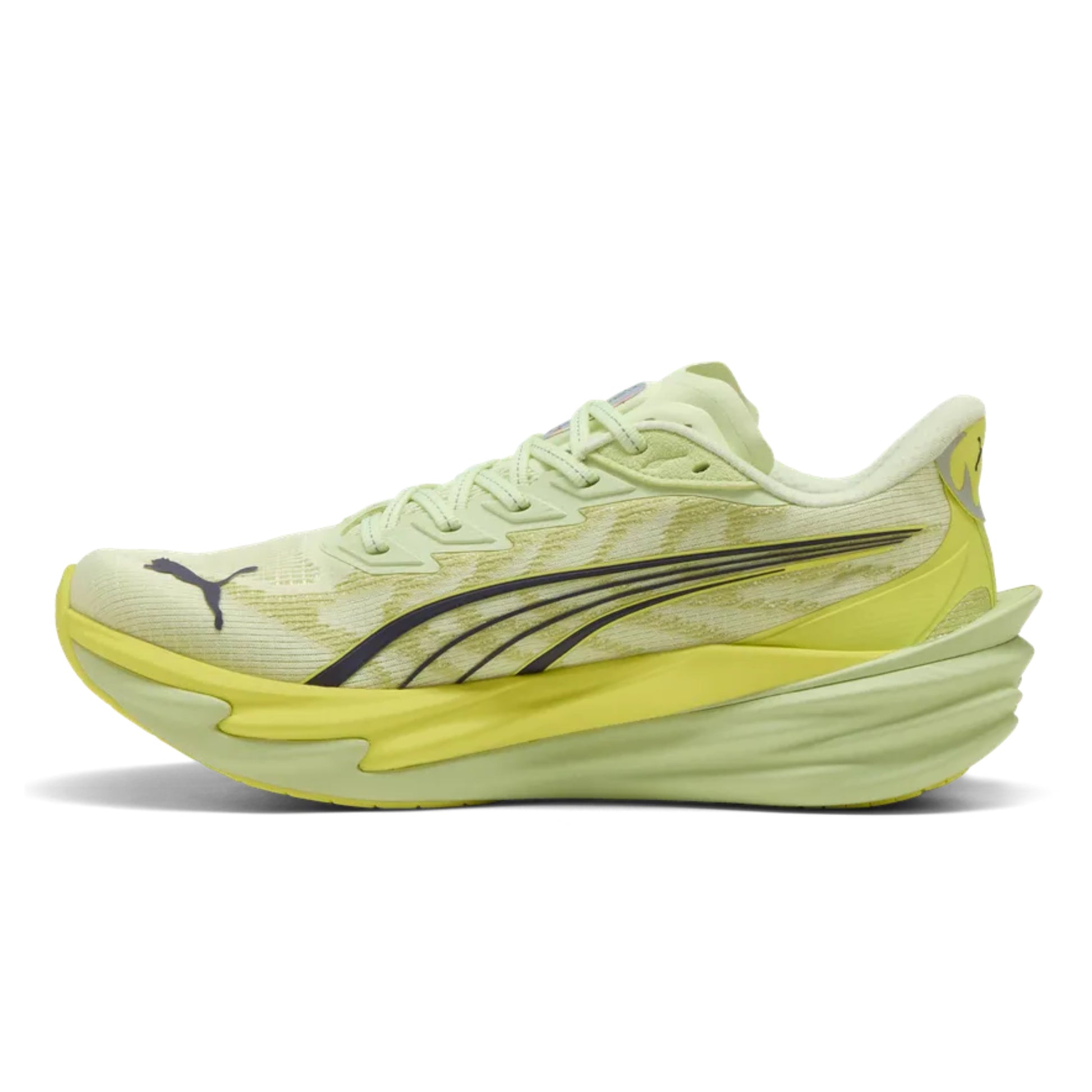 Yellow Puma running shoe with yellow sole on a white background