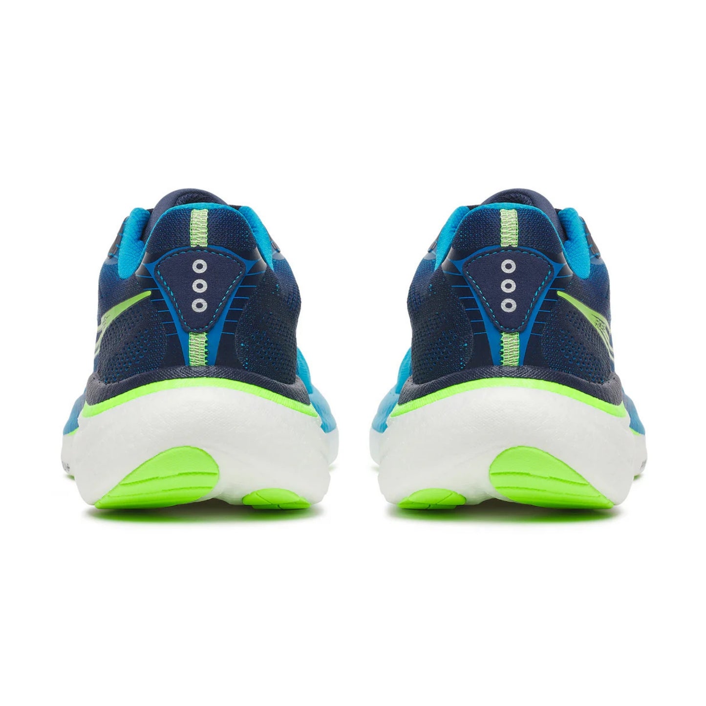 Back view of blue and green Saucony running shoes on a white background