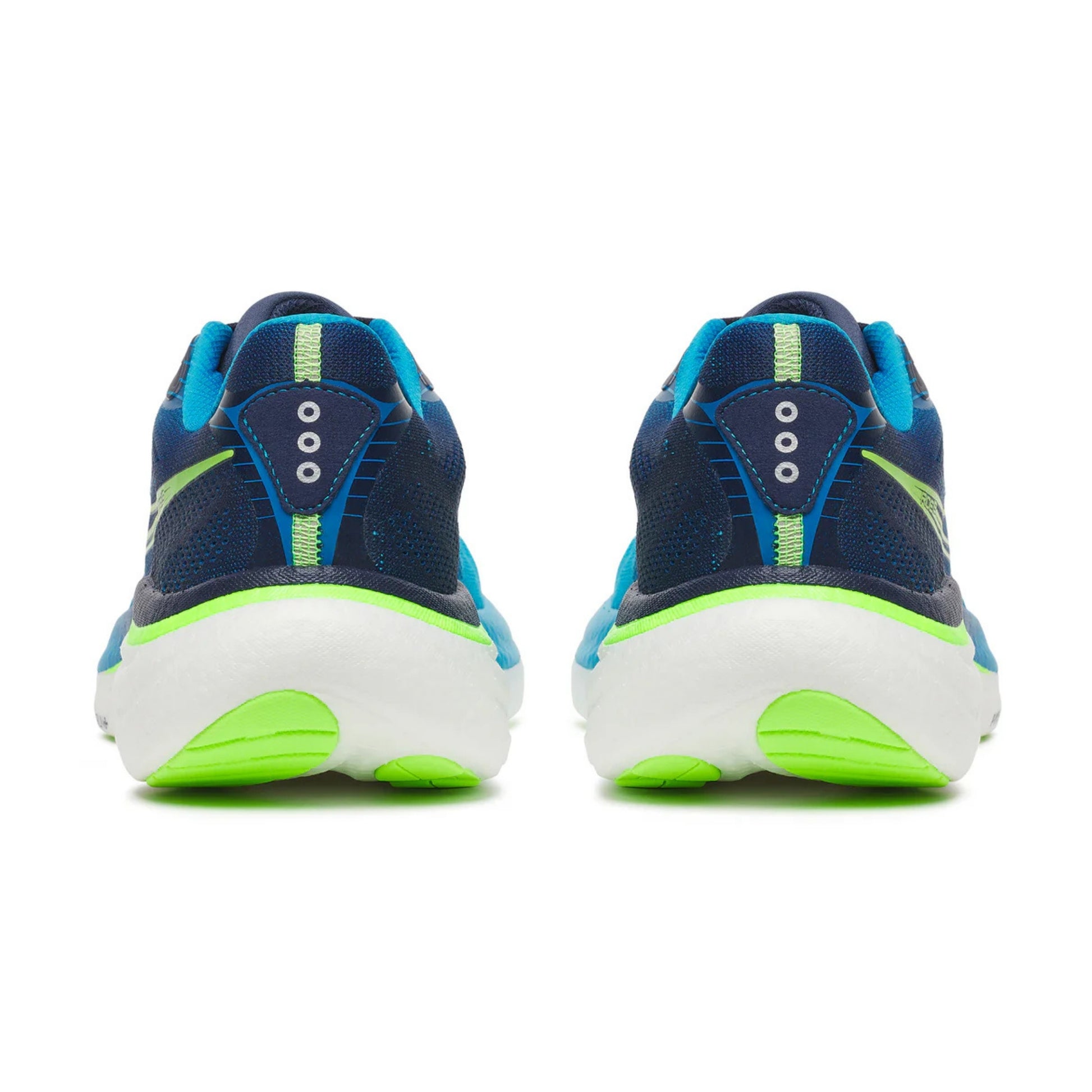 Back view of blue and green Saucony running shoes on a white background