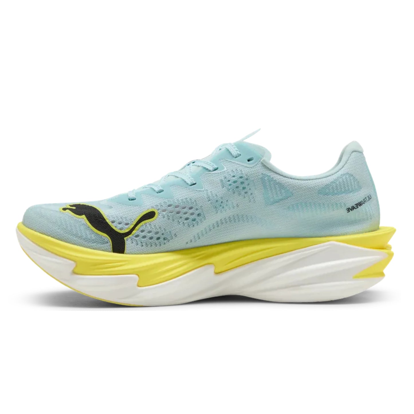 Light blue running shoe with yellow sole on a white background