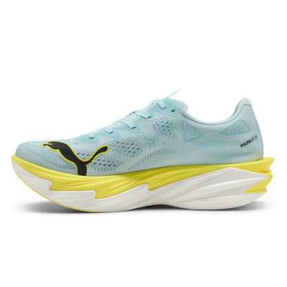 Light blue running shoe with yellow sole on a white background