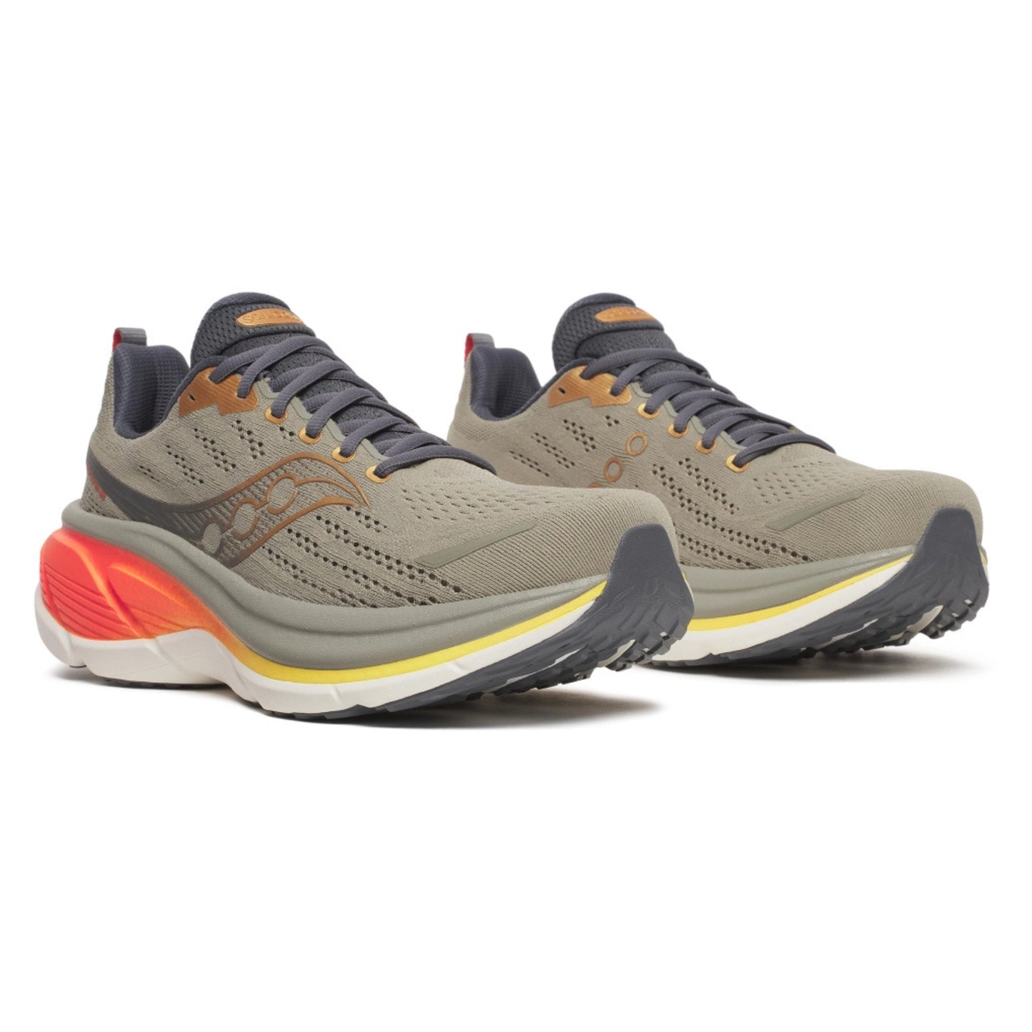 Pair of Saucony running shoes with gray, orange, and yellow design on a white background