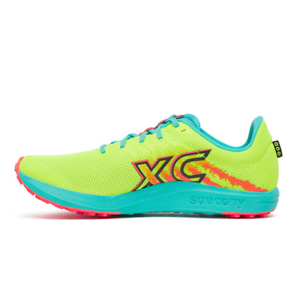 Brightly colored running shoe with 'XC' branding on a white background