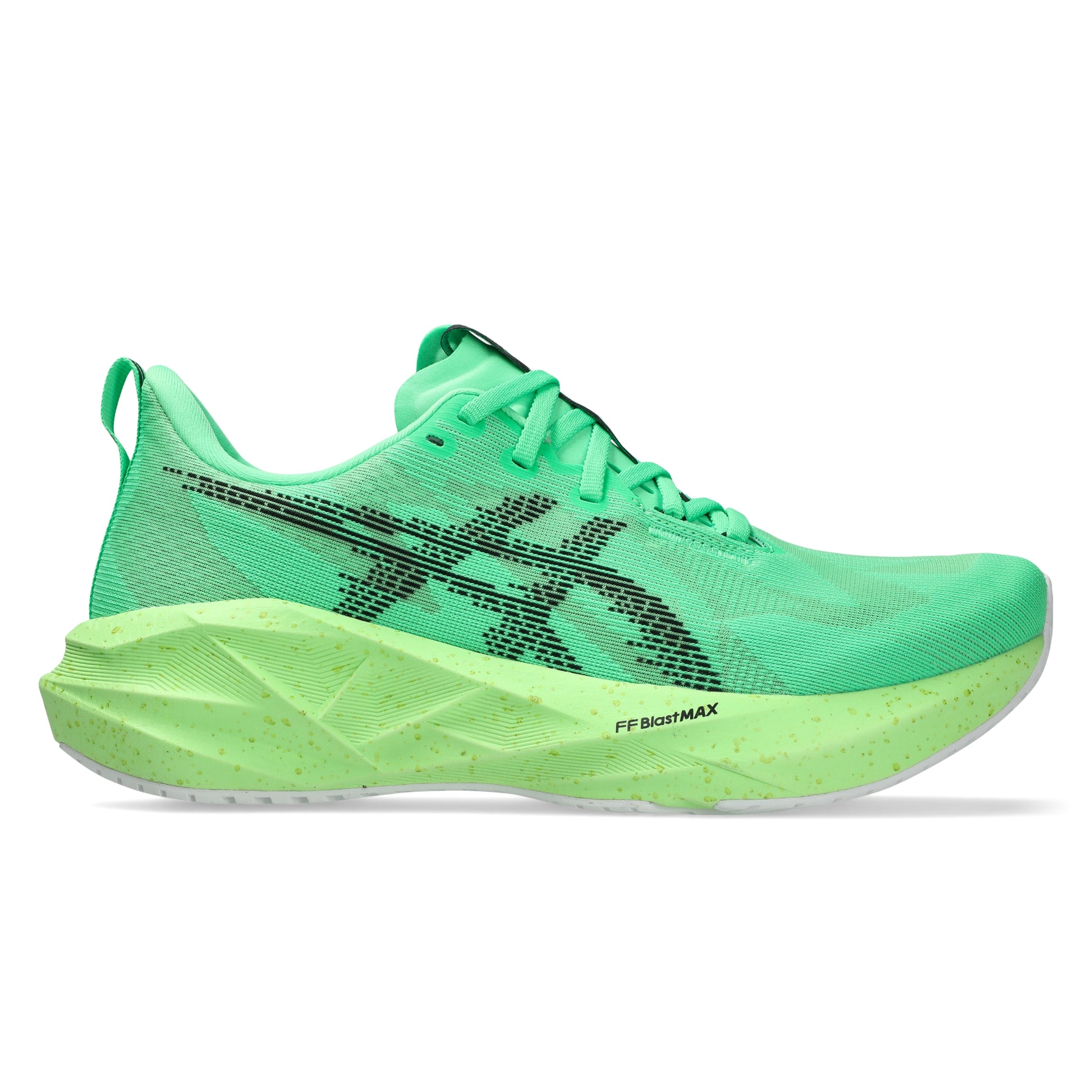 Green Asics running shoe with black logo on a white background