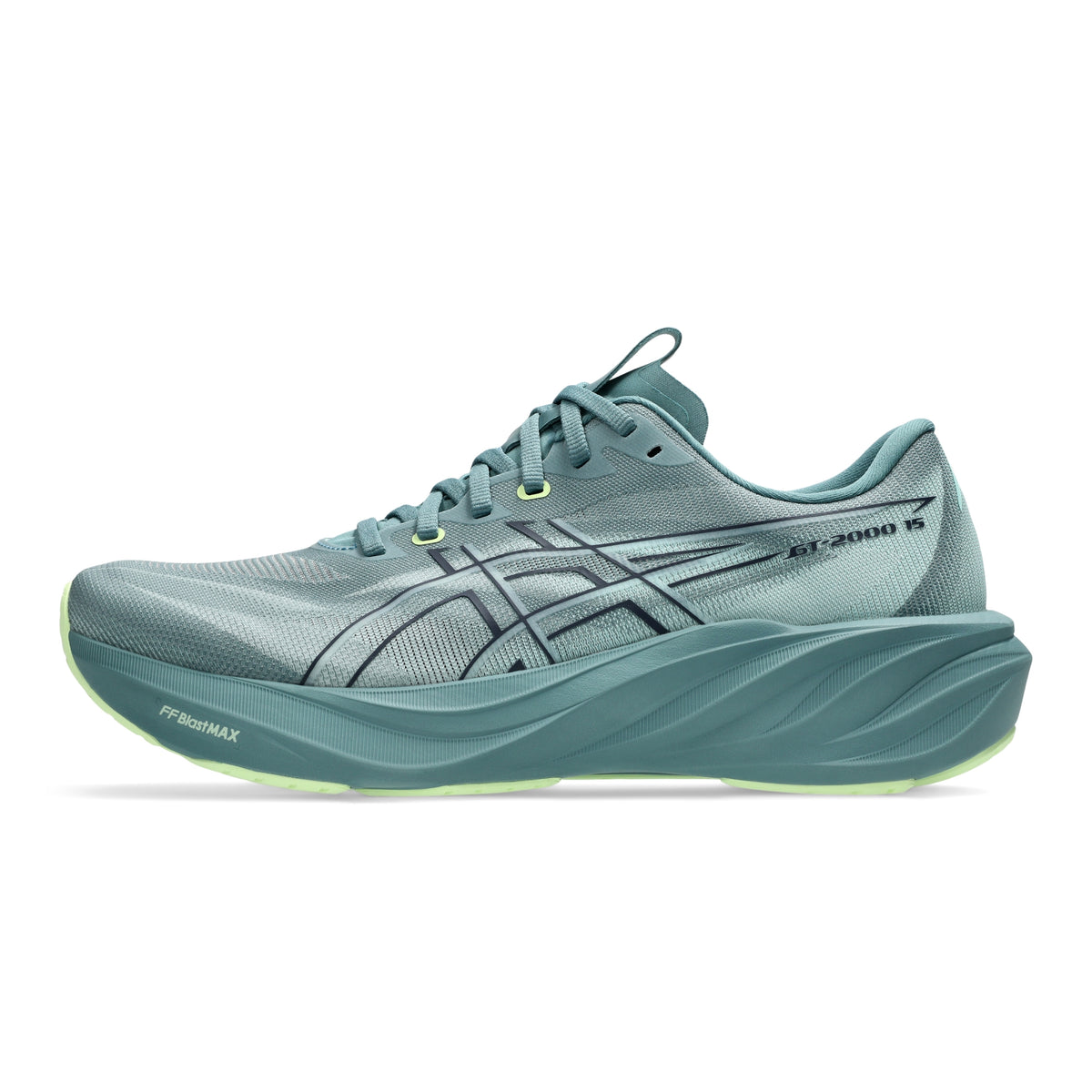 A single ASICS running shoe in a muted teal-gray colorway, featuring a textured mesh upper, dark gray side stripes, a thick sculpted foam midsole, and a light neon yellow-green outsole accent, shown against a plain white background.
