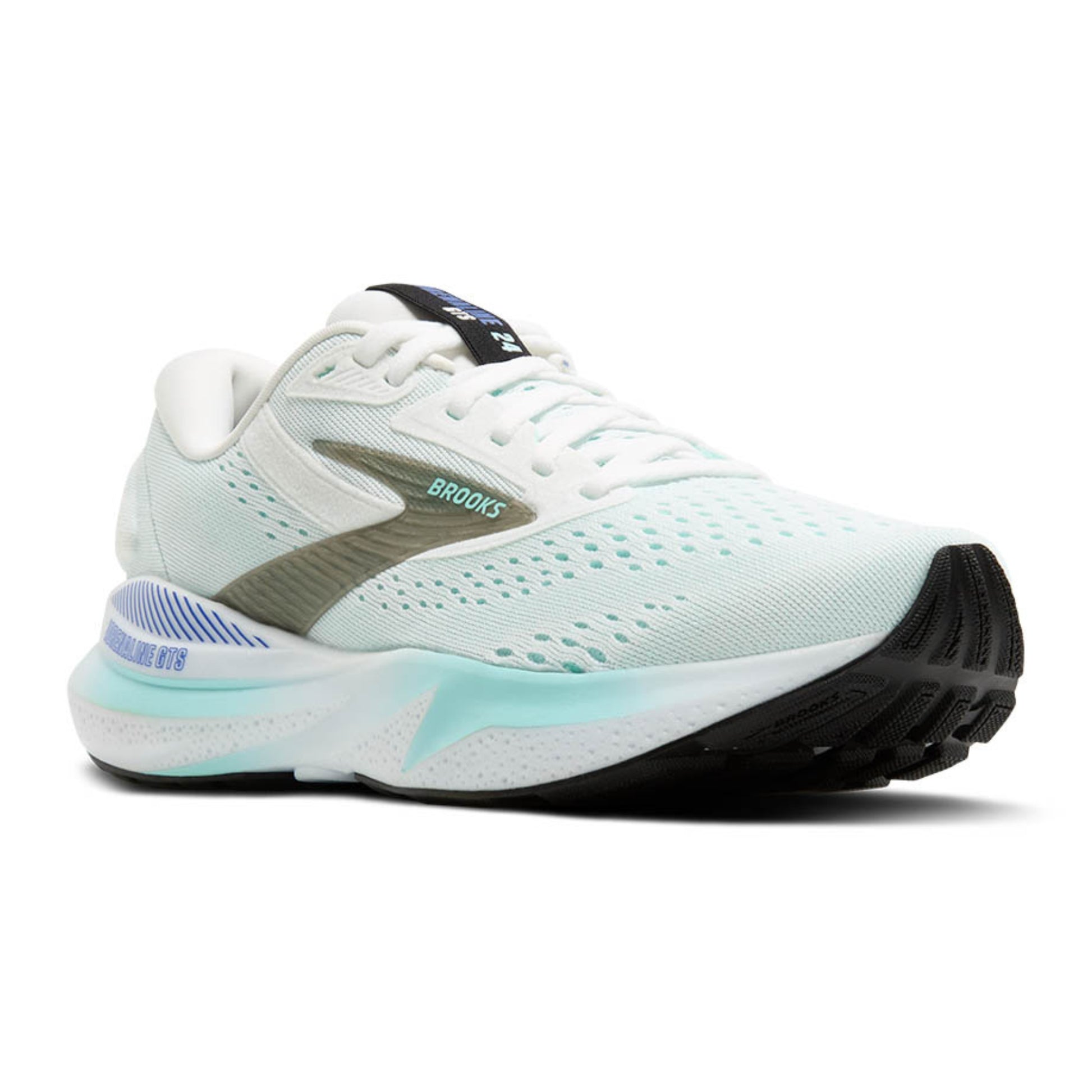 White running shoe with green and blue accents on a white background