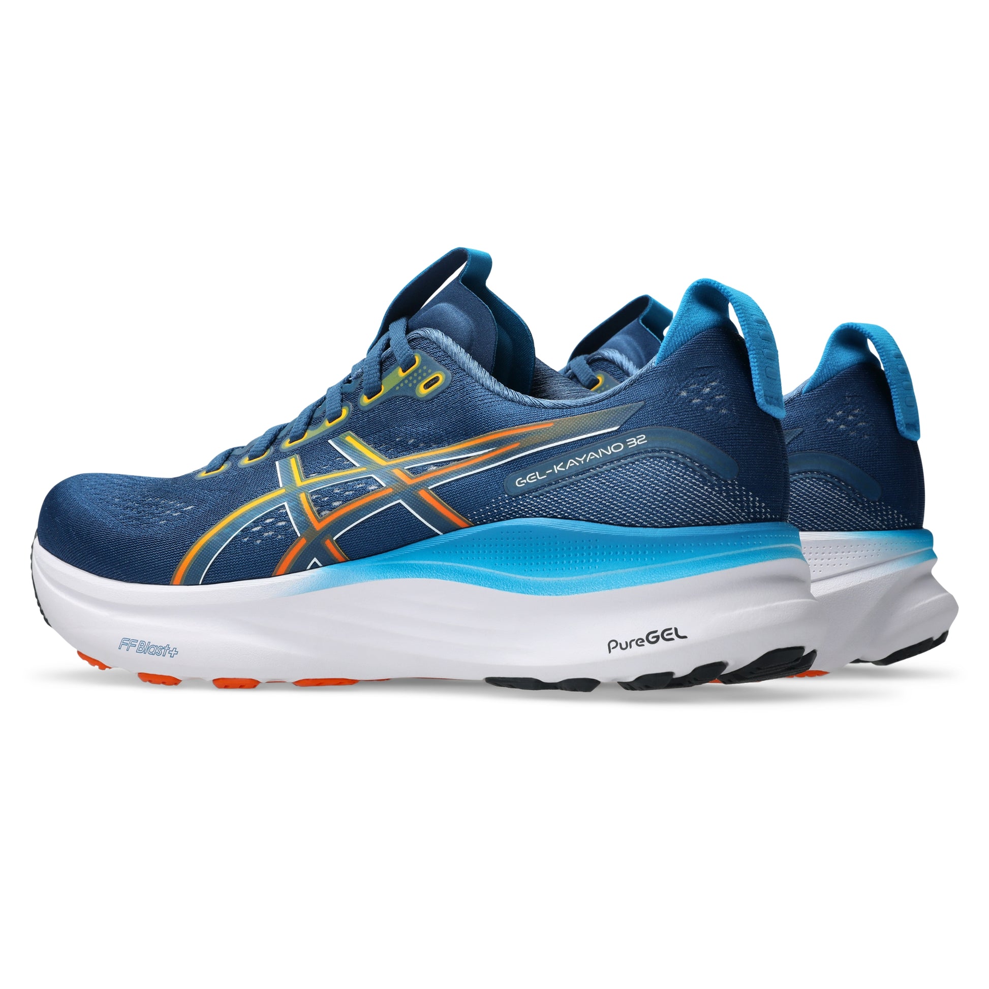 Blue running shoe with orange accents on a white background