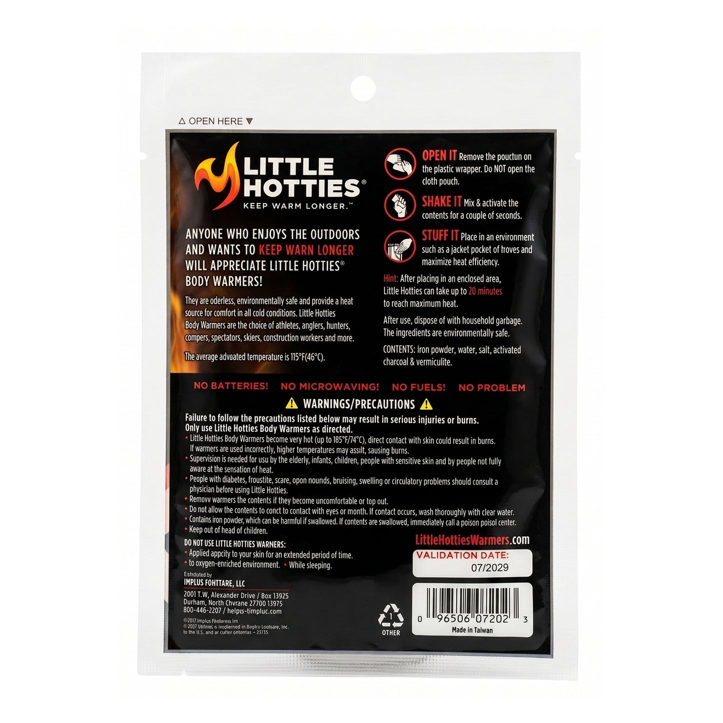 Back view of Little Hotties packaging with branding and product information.