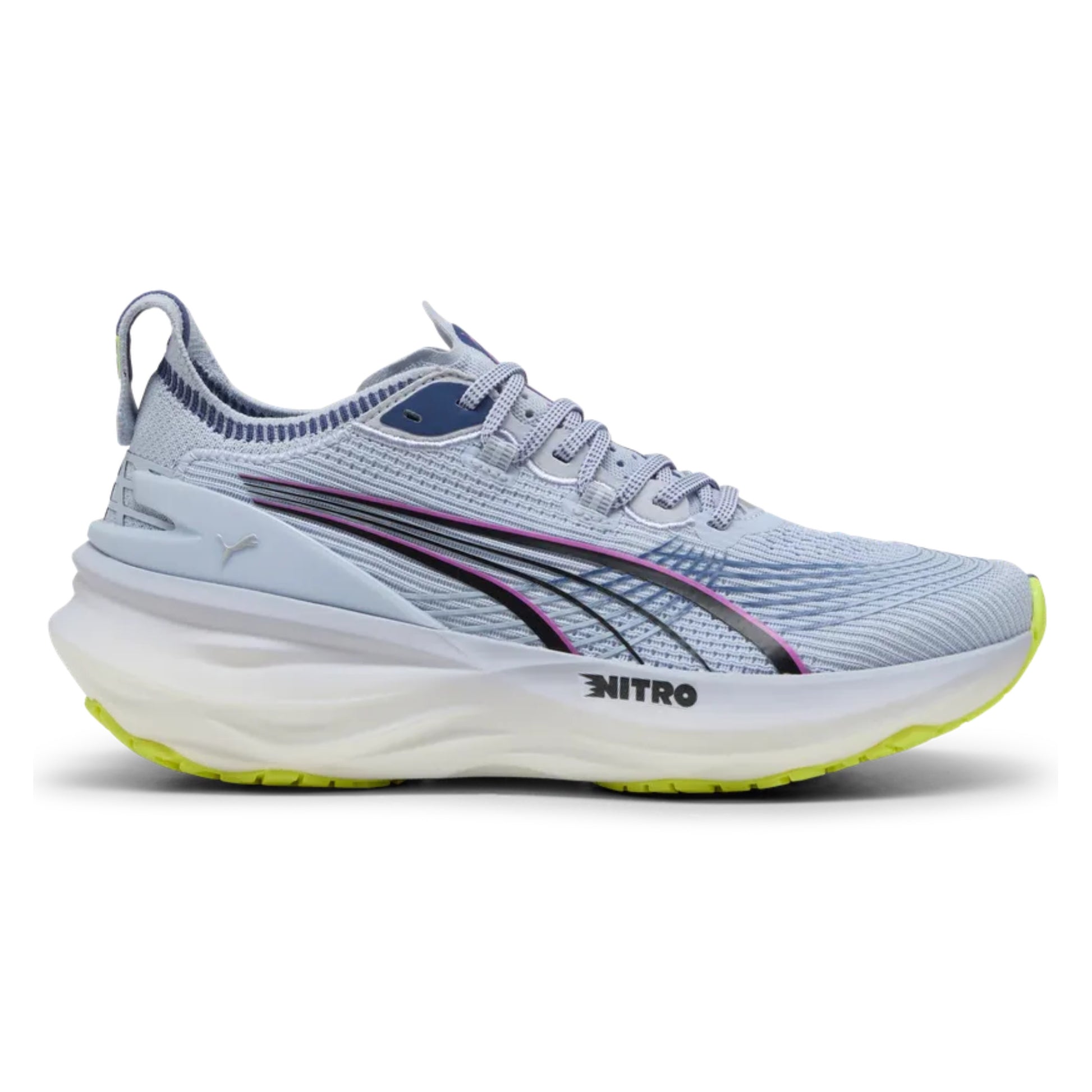 Light blue Puma running shoe with white sole on a white background