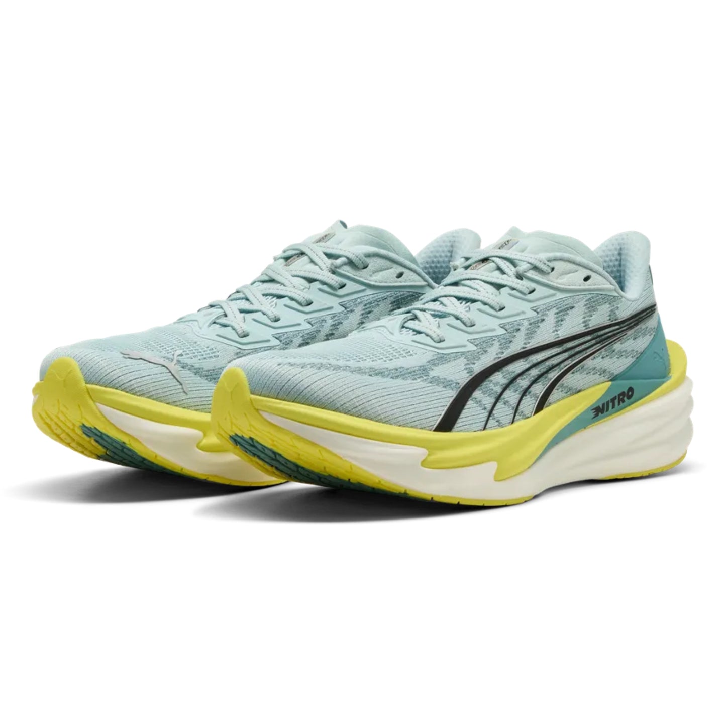 Pair of Light blue Puma running shoe with yellow accents on a white background