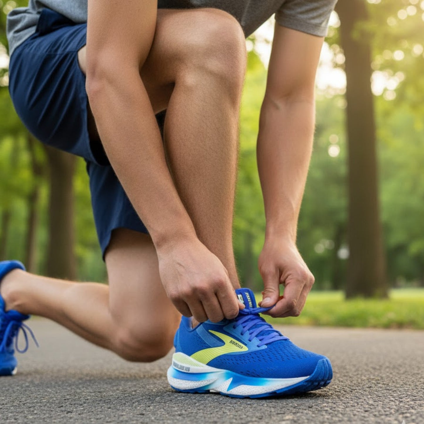 Person tying blue running shoes with green accents on a road with trees in the background
