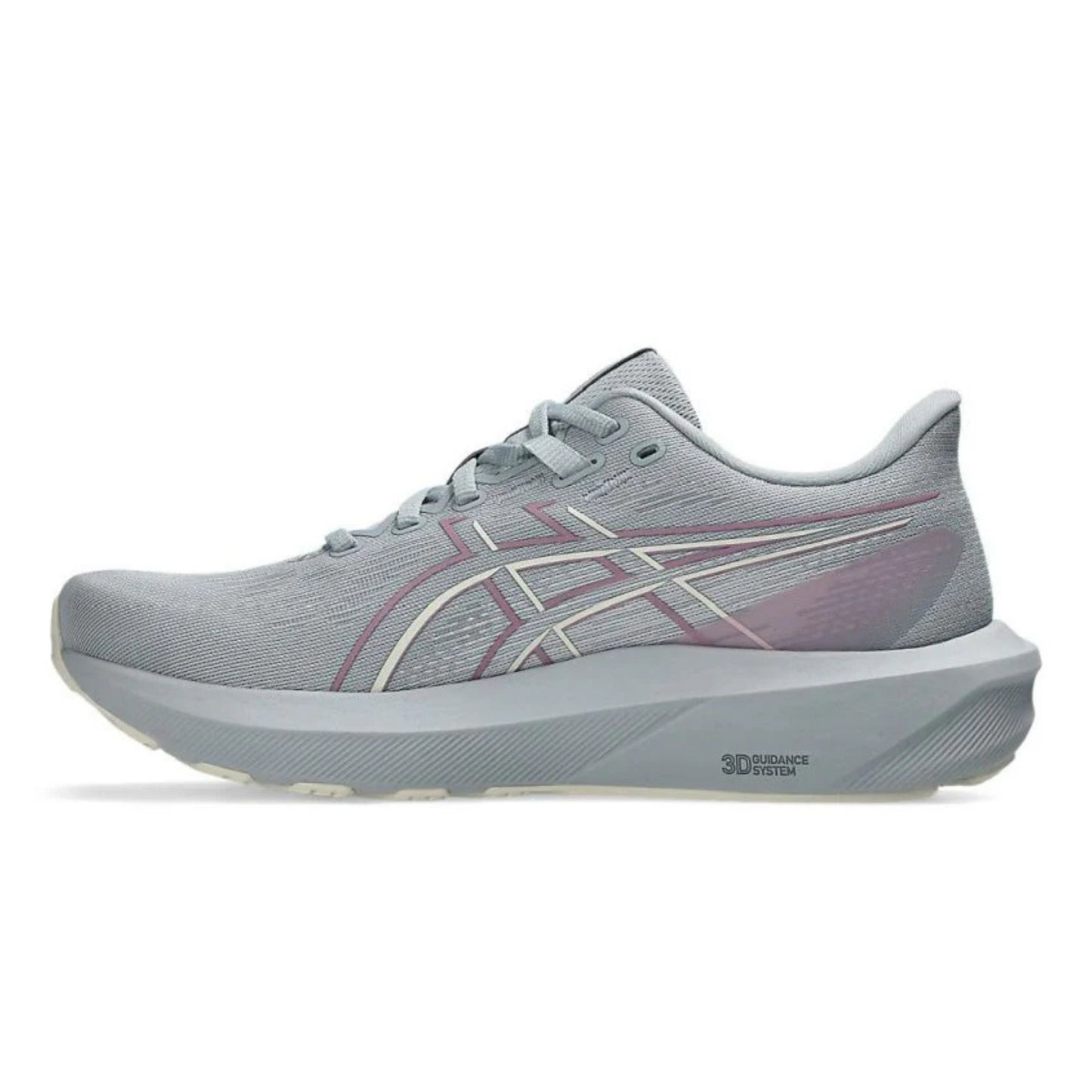 Gray Asics running shoe with pink accents on a white background