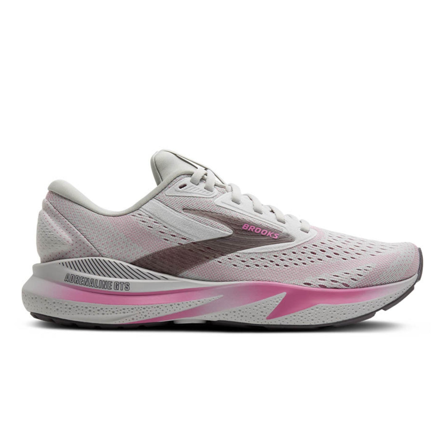 White and pink running shoe with 'Brooks' branding on a white background