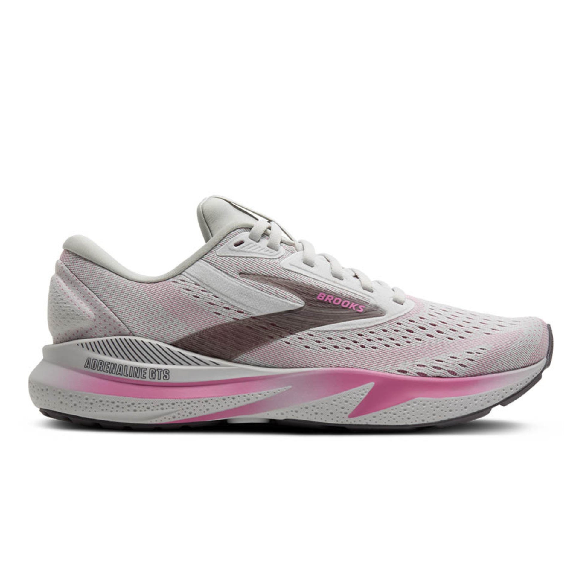 White and pink running shoe with 'Brooks' branding on a white background