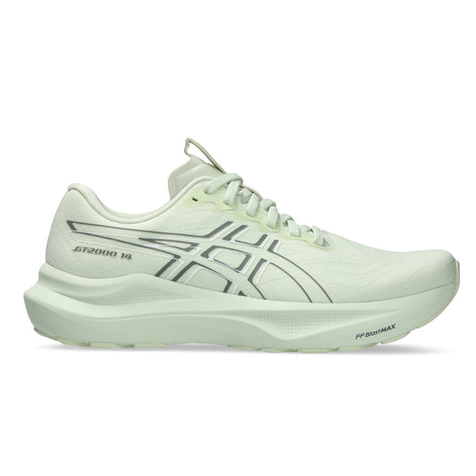 Light green Asics running shoe on a white background
