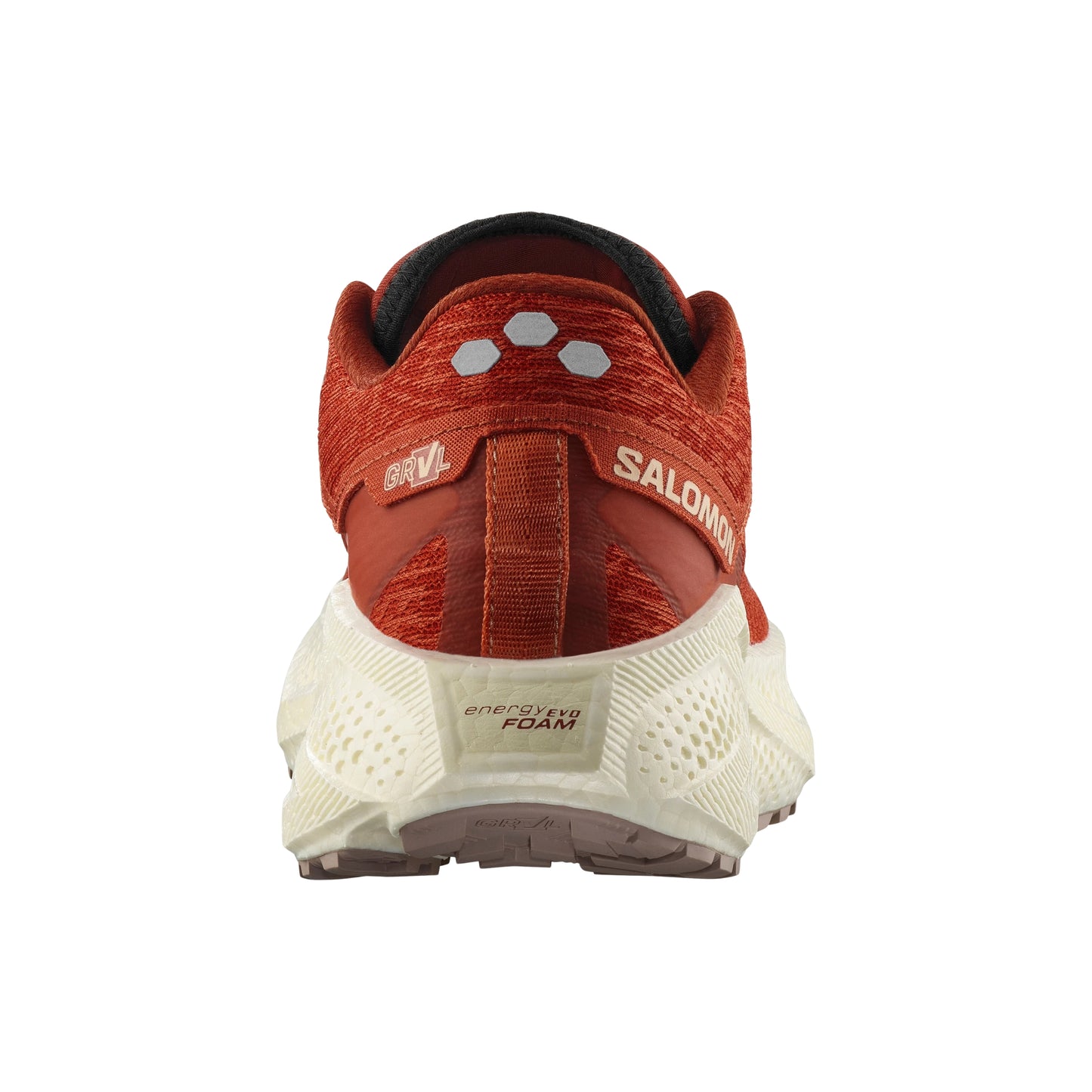Red Salomon running shoe with white sole on a white background