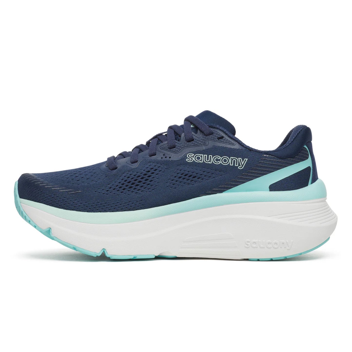 Navy and light blue running shoe with 'Saucony' branding on a white background