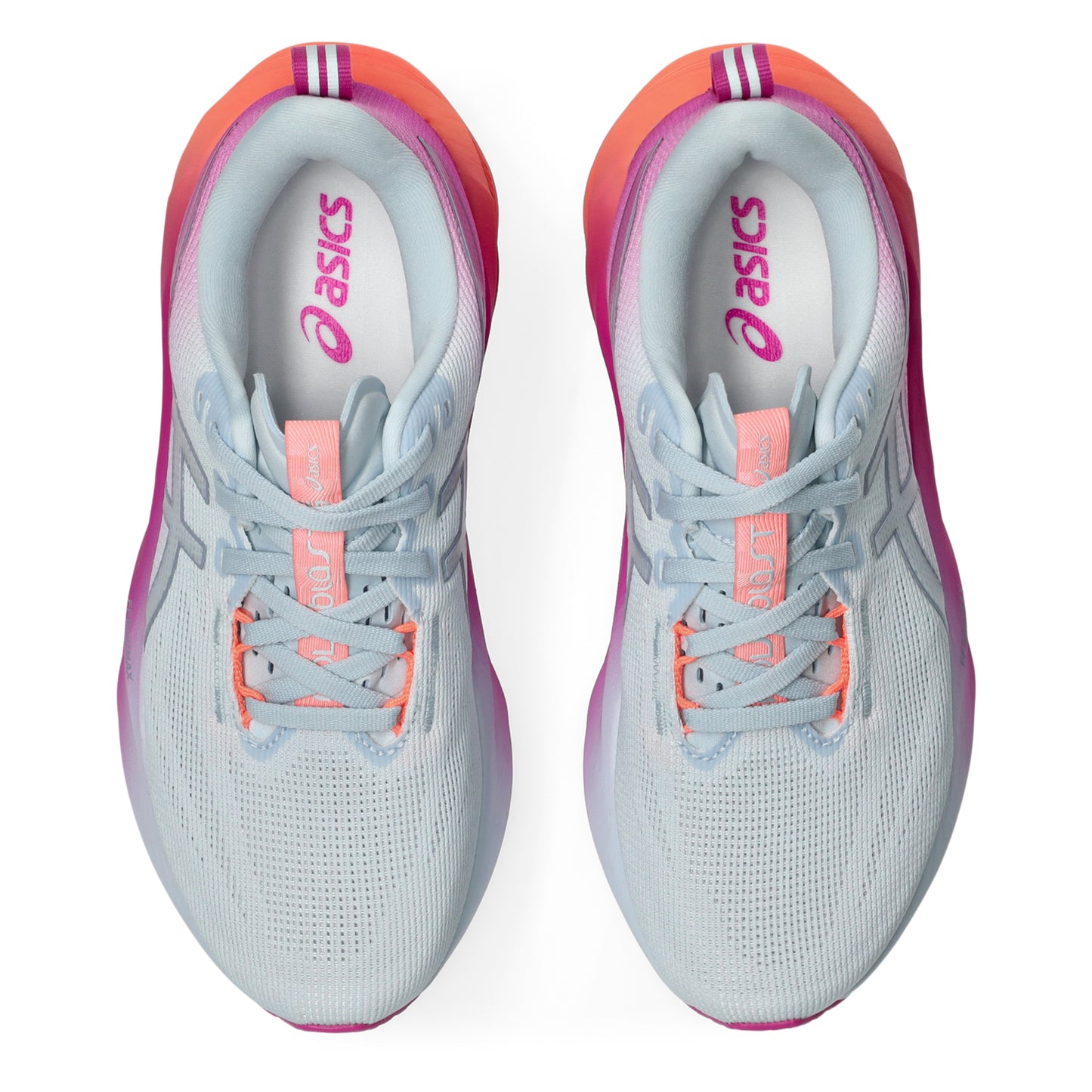 Pair of White and pink Asics shoe with coral accents on a white background