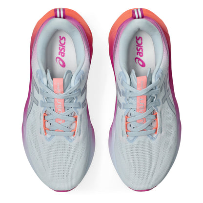 Pair of White and pink Asics shoe with coral accents on a white background